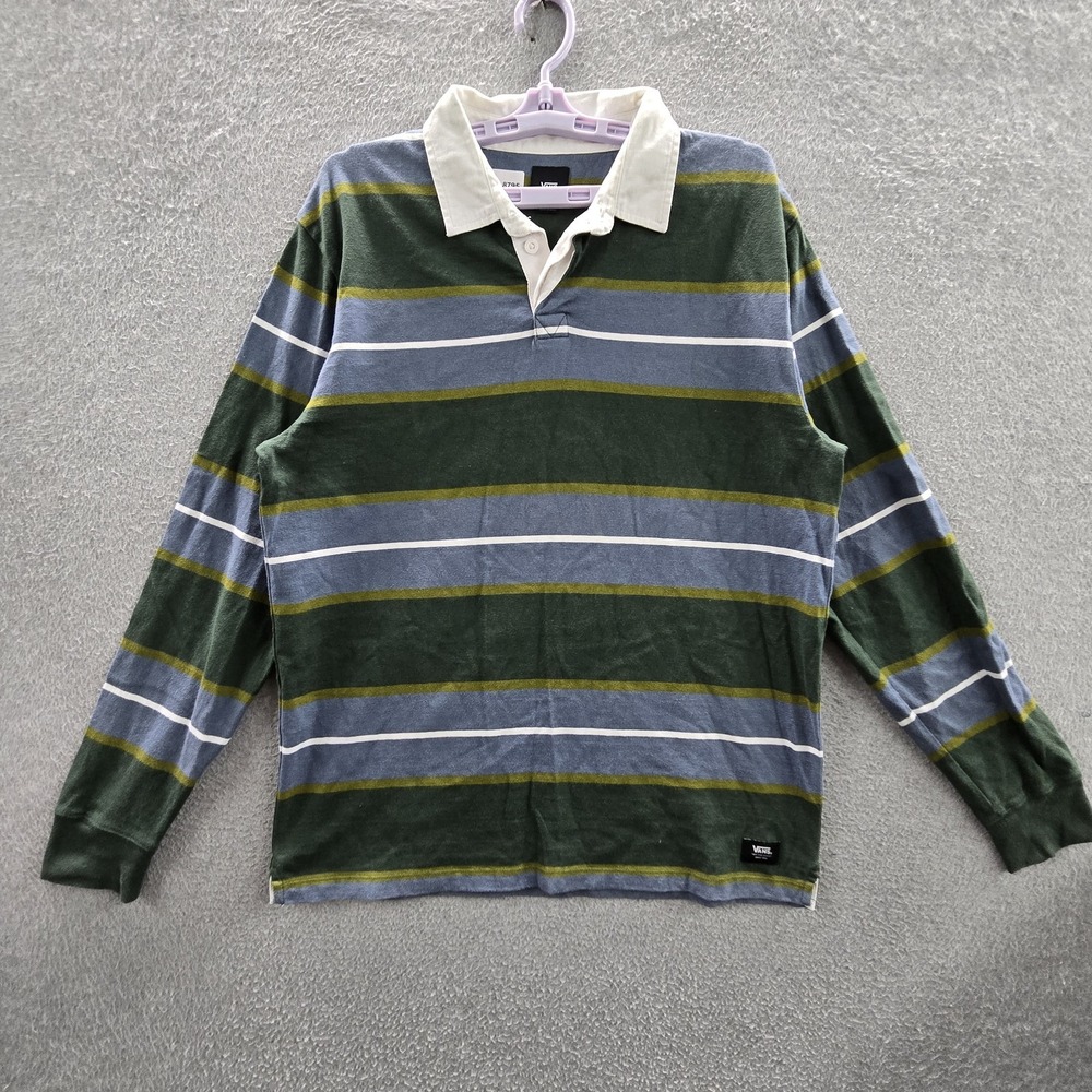 Vans Men Button Up Shirt MEDIUM Green Striped Rugby Skater Y2K Long Sleeve